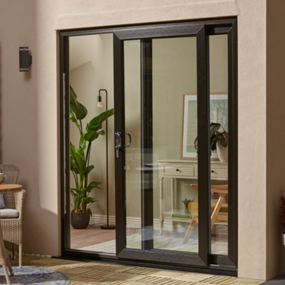 External view of black framed, sliding, glass double patio doors.