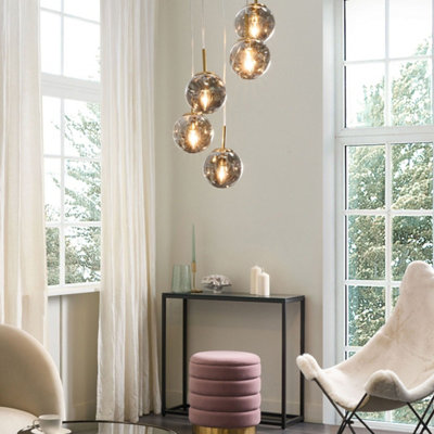 Bea 5-Light Pendant Lamp, Transparent Glass Shades, Brushed Brass-Iron ...