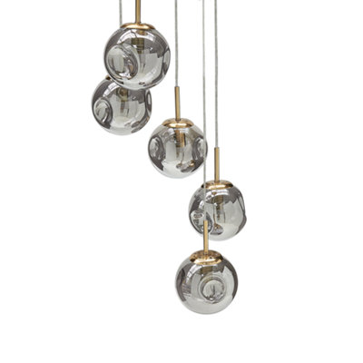 Bea 5-Light Pendant Lamp, Transparent Glass Shades, Brushed Brass-Iron ...