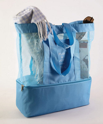 Beach Bag with Cooler Section Mesh Zipped Bag with Waterproof Compartment for Snacks Drinks Wet Clothes 41 x 36 x 13cm