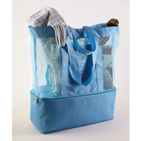 Beach Bag with Cooler Section - Mesh Zipped Bag with Waterproof Compartment for Snacks, Drinks & Wet Clothes - 41 x 36 x 13cm