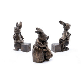 Beatrix Potter Bronze Peter Rabbit Plant Pot Feet - Set of 3 - Peter Eating Carrots, Running and Hugging - L6.5 x W8 x H11 cm
