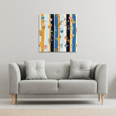 Beautiful meadow flowers on candy colorful brush stripe (Canvas Print) / 101 x 101 x 4cm