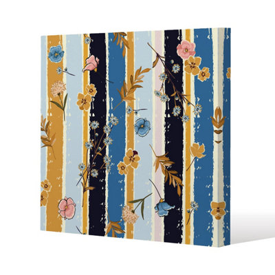Beautiful meadow flowers on candy colorful brush stripe (Canvas Print) / 101 x 101 x 4cm