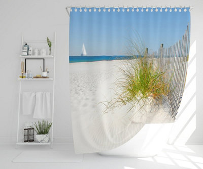 Beautiful sand dune fence by sea grass with sailboat on horizon (Shower Curtain) / Default Title