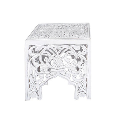 Beautiful White Square Hand Carved Indian Wooden Side End Coffee Table 40 x 40 x 42cm