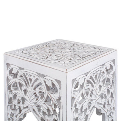 Beautiful White Square Hand Carved Indian Wooden Side End Coffee Table 40 x 40 x 42cm