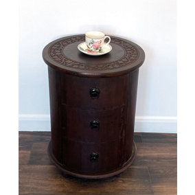 Beautifully Carved Solid Mango Wood Wood Pillar Chest Bedside Cabinet Unit Table Brown 3 Draw 45 x 45 x 50 cm