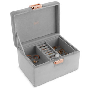 Beautify Jewellery Box, Grey Velvet 2 Tier Organiser, Ring Pad, Removable Tray, Multi Purpose, Rose Gold Clasp, Storage Chest
