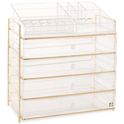 Beautify Makeup Organiser, 5 Tier Acrylic Cosmetic Storage w/ Champagne Frame, 4 Open Top Sections, 12 Lipstick Holders & Drawers Price Comparisons | Compare The Build