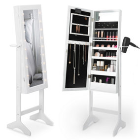 Beautify Storage Mirror, Free Standing Armoire, Tiltable Mirror w/LED Lights, Jewellery Hooks & Hairdryer Ring, Easy to Assemble
