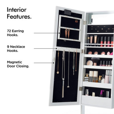 Beautify Storage Mirror, Free Standing Armoire, Tiltable Mirror w/LED Lights, Jewellery Hooks & Hairdryer Ring, Easy to Assemble