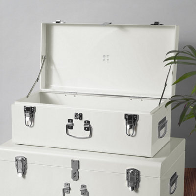 Beautify Storage Trunks - Set of 2 Cream Stainless Steel Storage Chests w/Silver Detailing, Stackable Organiser w/Lockable Lids