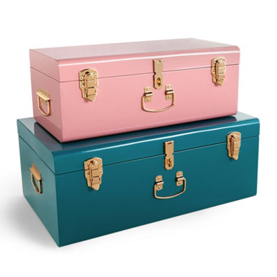 Beautify Storage Trunks, Set of 2 Pink & Teal Stainless Steel Storage Chests, Stackable Bedroom Storage Organiser & Lockable Lids