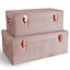 Beautify Storage Trunks - Set of 2 Pink Velvet Finish Storage Chests w/Rose Gold Detailing, Stackable Organiser w/Lockable Lids