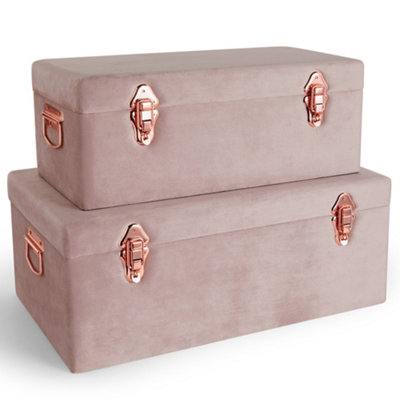 Beautify Storage Trunks - Set of 2 Pink Velvet Finish Storage Chests w/Rose Gold Detailing, Stackable Organiser w/Lockable Lids