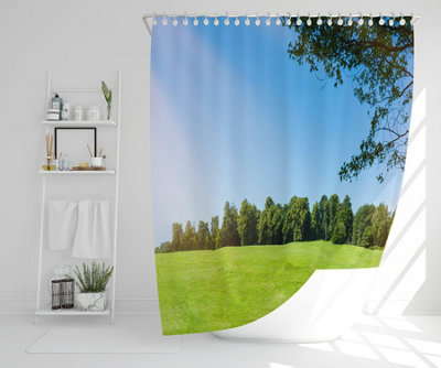 Beauty landscape of grass field with forest trees and environment public park with sun rays (Shower Curtain) / Default Title Price Comparisons | Compare The Build