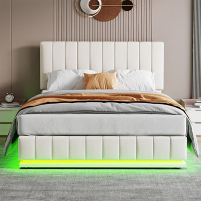 Bed with LED lighting, PU leather upholstered bed with hydraulic ...