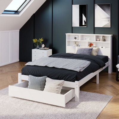 Bed with Shelves, White Wooden Storage Bed, Underbed Drawer - 3FT Single (90 x 190 cm)