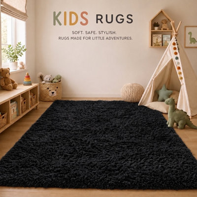BedLooms Black Non-Slip Shaggy Rug 140x200cm, Extra Thick Modern Area ...