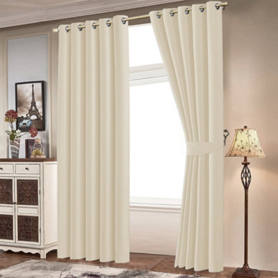 BedLooms Blackout Curtains Thermal Insulated Eyelet Ready Made Ring Top Cream Curtain (Pair) 66 x 72 Inches With Tie Backs