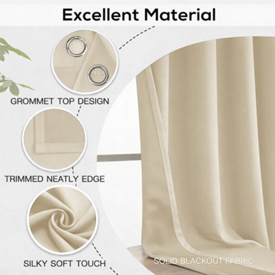 BedLooms Blackout Curtains Thermal Insulated Eyelet Ready Made Ring Top Cream Curtain (Pair) 66 x 72 Inches With Tie Backs