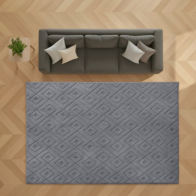 BedLooms Grey High Low Pile Rug 120x170cm, Soft Thick Piles, Diamond ...