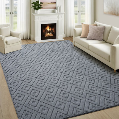 BedLooms Grey High Low Pile Rug 160x230cm, Soft Thick Piles, Diamond ...