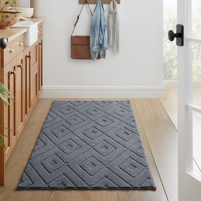 BedLooms Grey High Low Pile Rug 60x110cm, Soft Thick Piles, Diamond ...