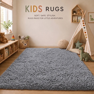 BEDLOOMS GREY NON-SLIP SHAGGY RUG 140X200CM, EXTRA THICK MODERN AREA ...