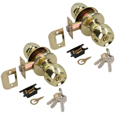 Bedroom Bathroom Privacy Round Door Knobs Locks Handle Brass Finish 2pk