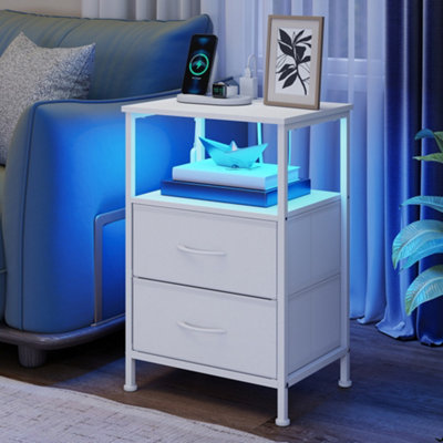 Bedroom Bedside Table with LED Lights and Charging Station, Nightstand ...