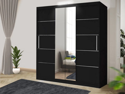 Bedroom Sliding Wardrobe with LED - Storage Space & Sleek Design comes in Width 100cm/120cm/150cm/180cm/203cm/250cm (Black, 150cm)