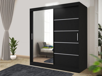 Bedroom Sliding Wardrobe with LED - Storage Space & Sleek Design comes in Width 100cm/120cm/150cm/180cm/203cm/250cm (Black, 180cm)