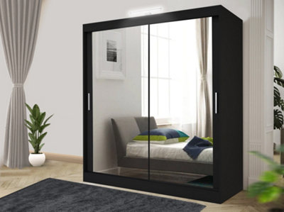 Bedroom Sliding Wardrobe with LED - Storage Space & Sleek Design comes in Width 100cm/120cm/150cm/180cm/203cm/250cm (Black, 203cm)