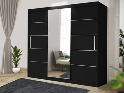 Bedroom Sliding Wardrobe with LED - Storage Space & Sleek Design comes in Width 100cm/120cm/150cm/180cm/203cm/250cm (Black, 250cm)