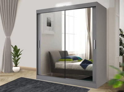 Bedroom Sliding Wardrobe with LED - Storage Space & Sleek Design comes in Width 100cm/120cm/150cm/180cm/203cm/250cm (Grey, 100cm)