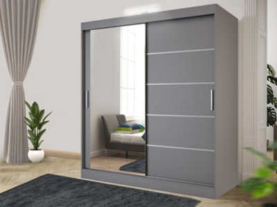 Bedroom Sliding Wardrobe with LED - Storage Space & Sleek Design comes in Width 100cm/120cm/150cm/180cm/203cm/250cm (Grey, 180cm)