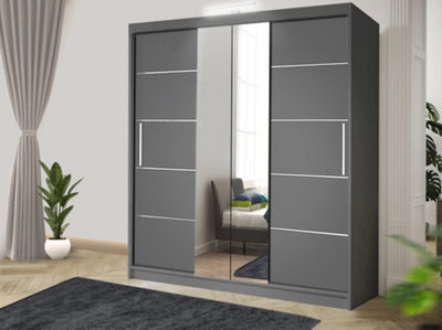 Bedroom Sliding Wardrobe with LED - Storage Space & Sleek Design comes in Width 100cm/120cm/150cm/180cm/203cm/250cm (Grey, 180cm)