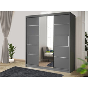 Bedroom Sliding Wardrobe with LED - Storage Space & Sleek Design comes in Width 100cm/120cm/150cm/180cm/203cm/250cm (Grey, 203cm)