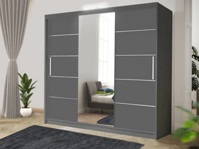 Bedroom Sliding Wardrobe with LED - Storage Space & Sleek Design comes in Width 100cm/120cm/150cm/180cm/203cm/250cm (Grey, 250cm)