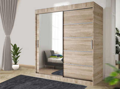 Bedroom Sliding Wardrobe with LED - Storage Space & Sleek Design comes in Width 100cm/120cm/150cm/180cm/203cm/250cm (Oak, 120cm)