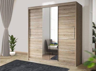 Bedroom Sliding Wardrobe with LED - Storage Space & Sleek Design comes in Width 100cm/120cm/150cm/180cm/203cm/250cm (Oak, 180cm)