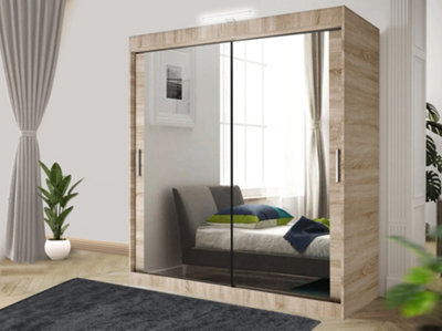 Bedroom Sliding Wardrobe with LED - Storage Space & Sleek Design comes in Width 100cm/120cm/150cm/180cm/203cm/250cm (Oak, 203cm)