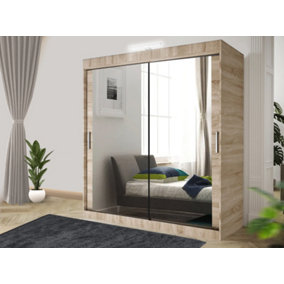 Bedroom Sliding Wardrobe with LED - Storage Space & Sleek Design comes in Width 100cm/120cm/150cm/180cm/203cm/250cm (Oak, 203cm)