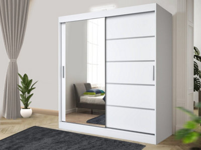 Bedroom Sliding Wardrobe with LED - Storage Space & Sleek Design comes in Width 100cm/120cm/150cm/180cm/203cm/250cm (White, 180cm)