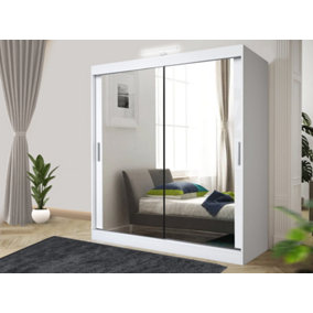 Bedroom Sliding Wardrobe with LED - Storage Space & Sleek Design comes in Width 100cm/120cm/150cm/180cm/203cm/250cm (White, 203cm)