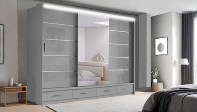 Bedroom Sliding Wardrobe with Mirror, Drawers & LED Modern Sliding ...