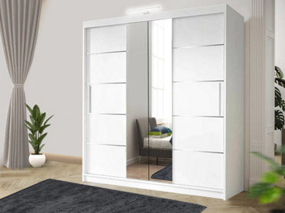 Bedroom Sliding Wardrobe with Mirror, Drawers & LED Modern Sliding Wardrobe with Storage Closet Organizer Cabinet(White, 203cm)