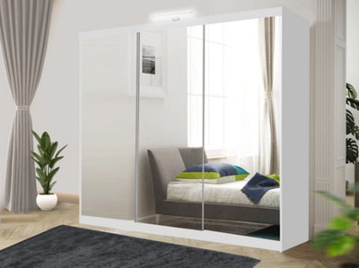 Bedroom Sliding Wardrobe with Mirror, Drawers & LED Modern Sliding Wardrobe with Storage Closet Organizer Cabinet(White, 250cm)